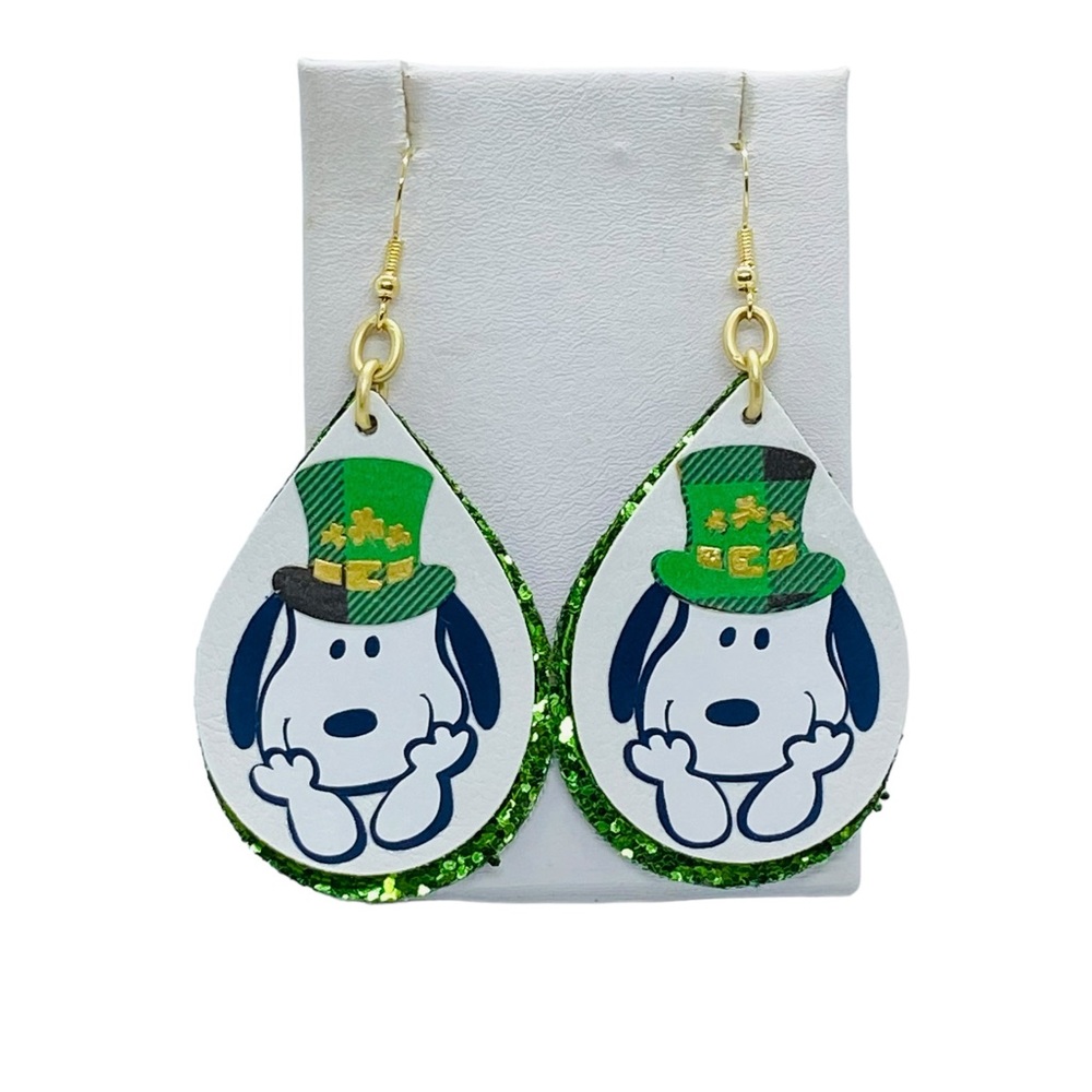 St.Patricks Day Snoopy Faux Leather Teardrop Earrings - Picture 3 of 7